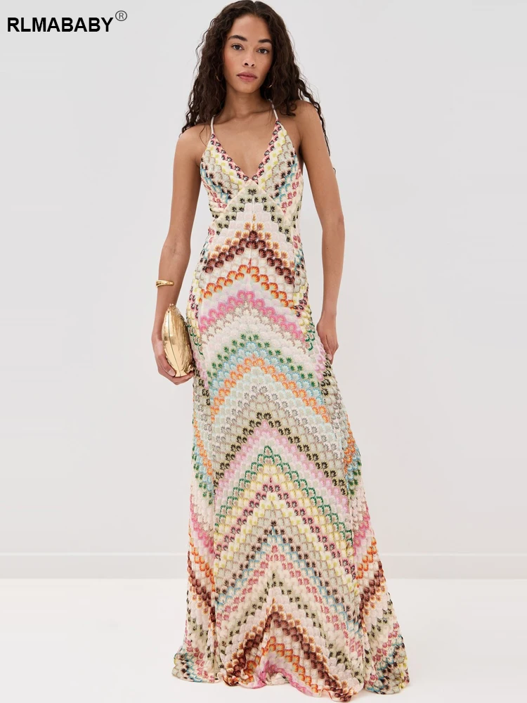 RLMABABY مثير عارية الذراعين السباغيتي حزام المرأة Bodycon فستان طويل ثوب الخامس الرقبة بلا أكمام التباين اللون البوهيمي سليم ماكسي فستان
