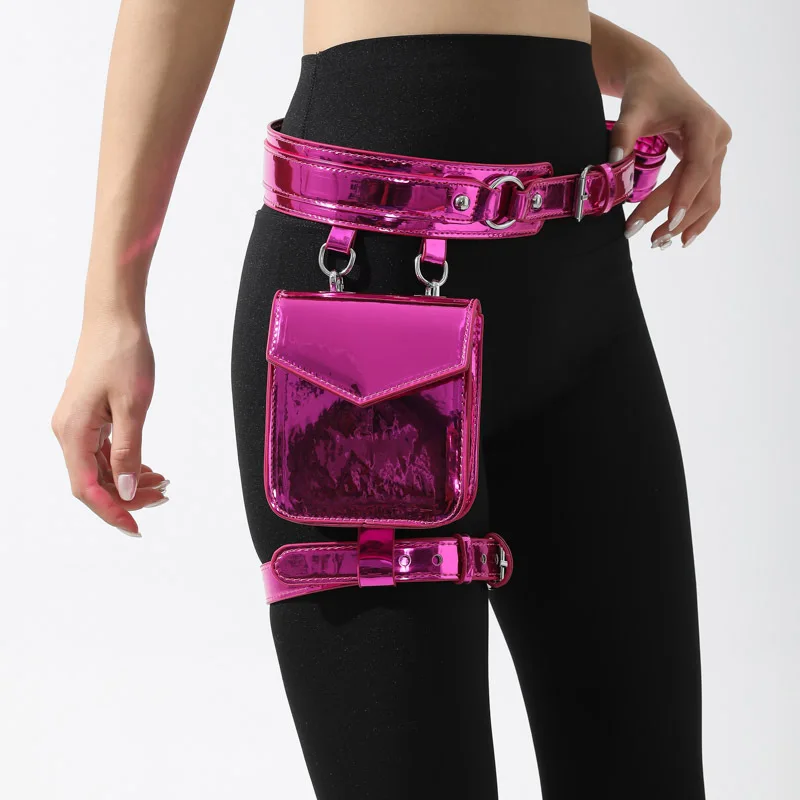 2024 Gothic Women Leg Bag Fashion Mini Bright PU Leather Waistpack Hip Hop Outdoor Belt Bag Wallet Motorcycle Waistbag