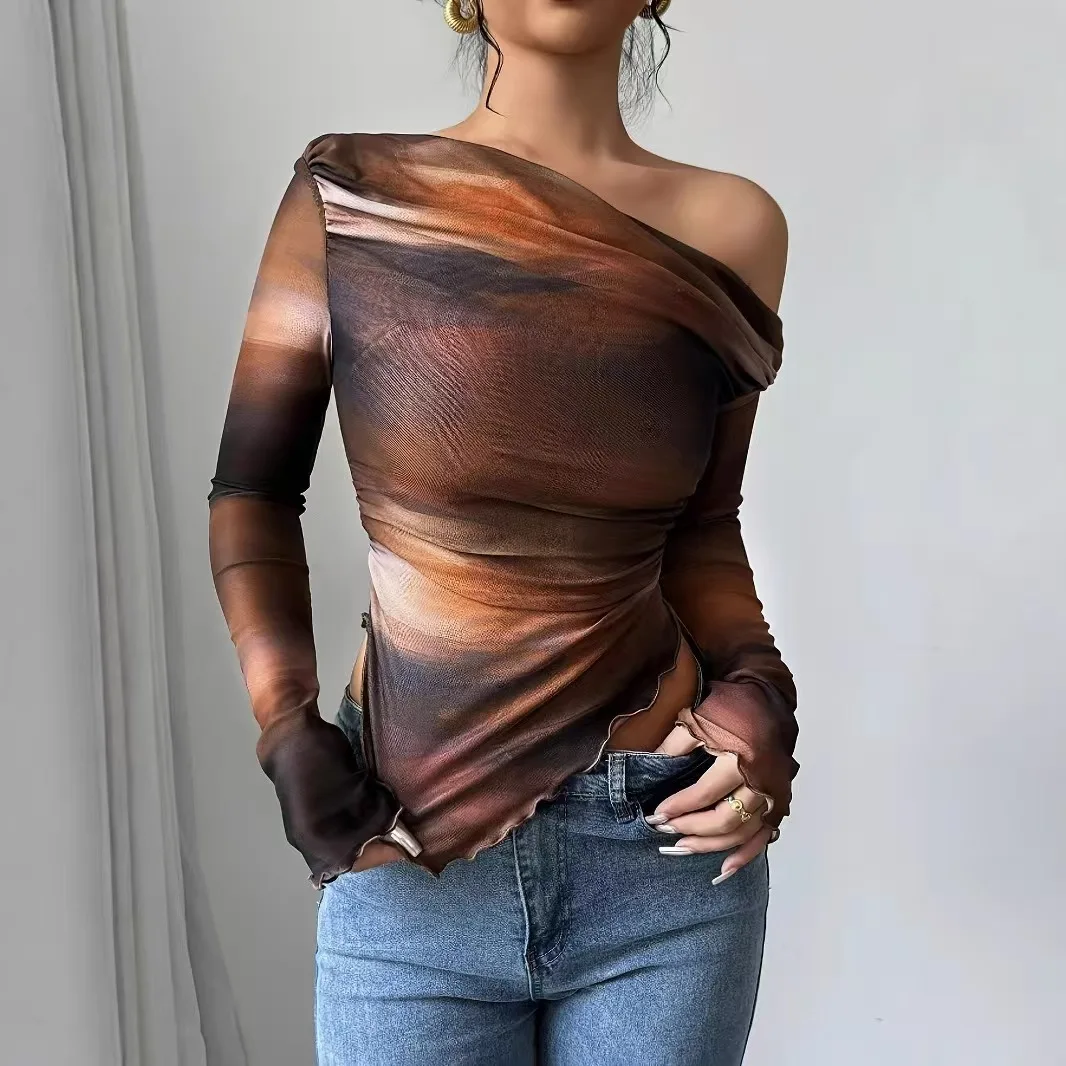 

Women's New Fashion Tie-Dye Print Asymmetrical Collar Long Sleeve Blouse Top Set - Trendy 2024 Design, Loose/Fitted Style Option
