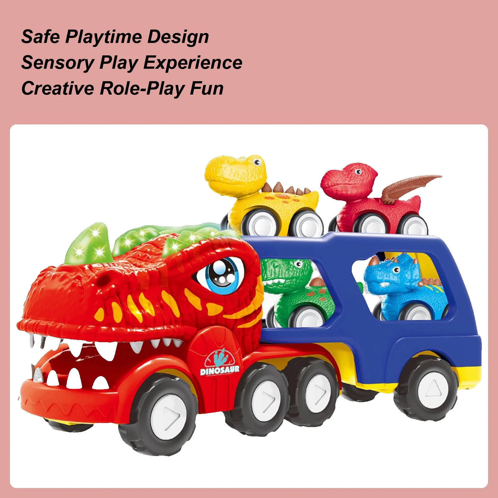 恐竜トラックおもちゃ 光る電動キッズトラックおもちゃ 4台のプルバックカー付き 誕生日パーティー 恐竜輸送車