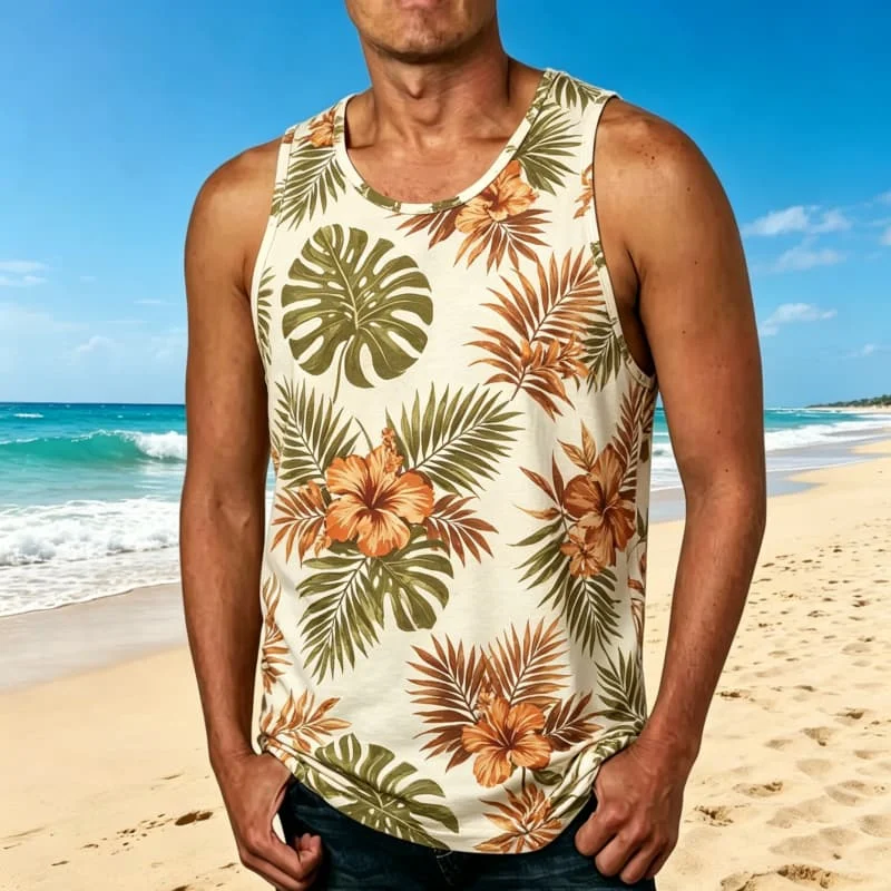 Men's Vibrant Tropical Floral Tank with Warm Multicolor Tones, Casual Summer Wear for Beach BBQ and Vacation Trips