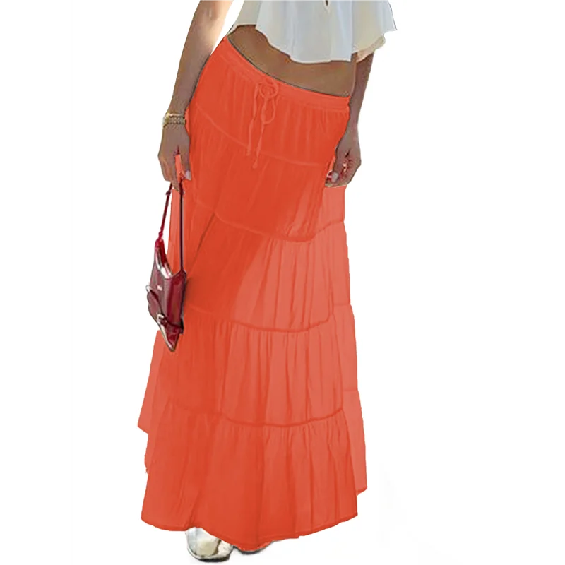 

CYL-Women's Summer Casual Elegant Smock Layered Tiered Maxi Skirt High Waisted A Line Flowy Long Skirts
