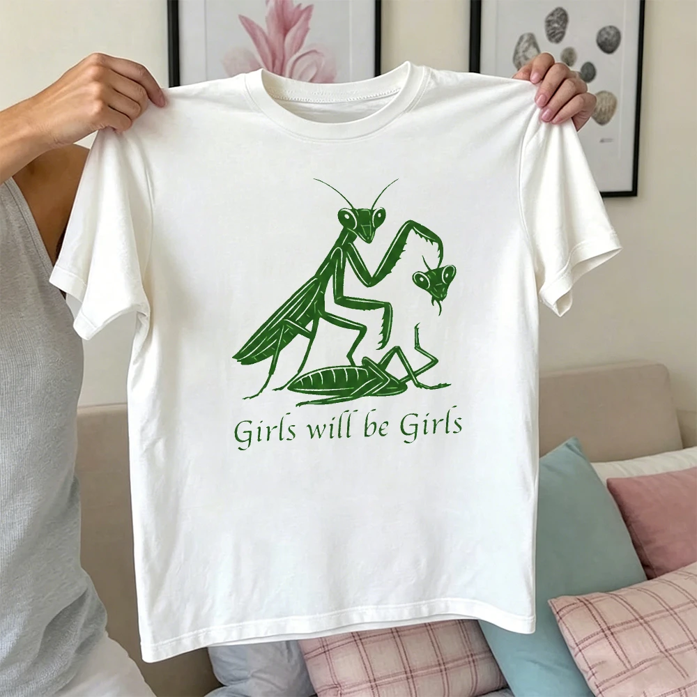 Minimal Green Line Insect Art T-Shirt Women Two Mantises Girls Will Be Girls Simple Soft Natural Feminine Short Sleeve Tee