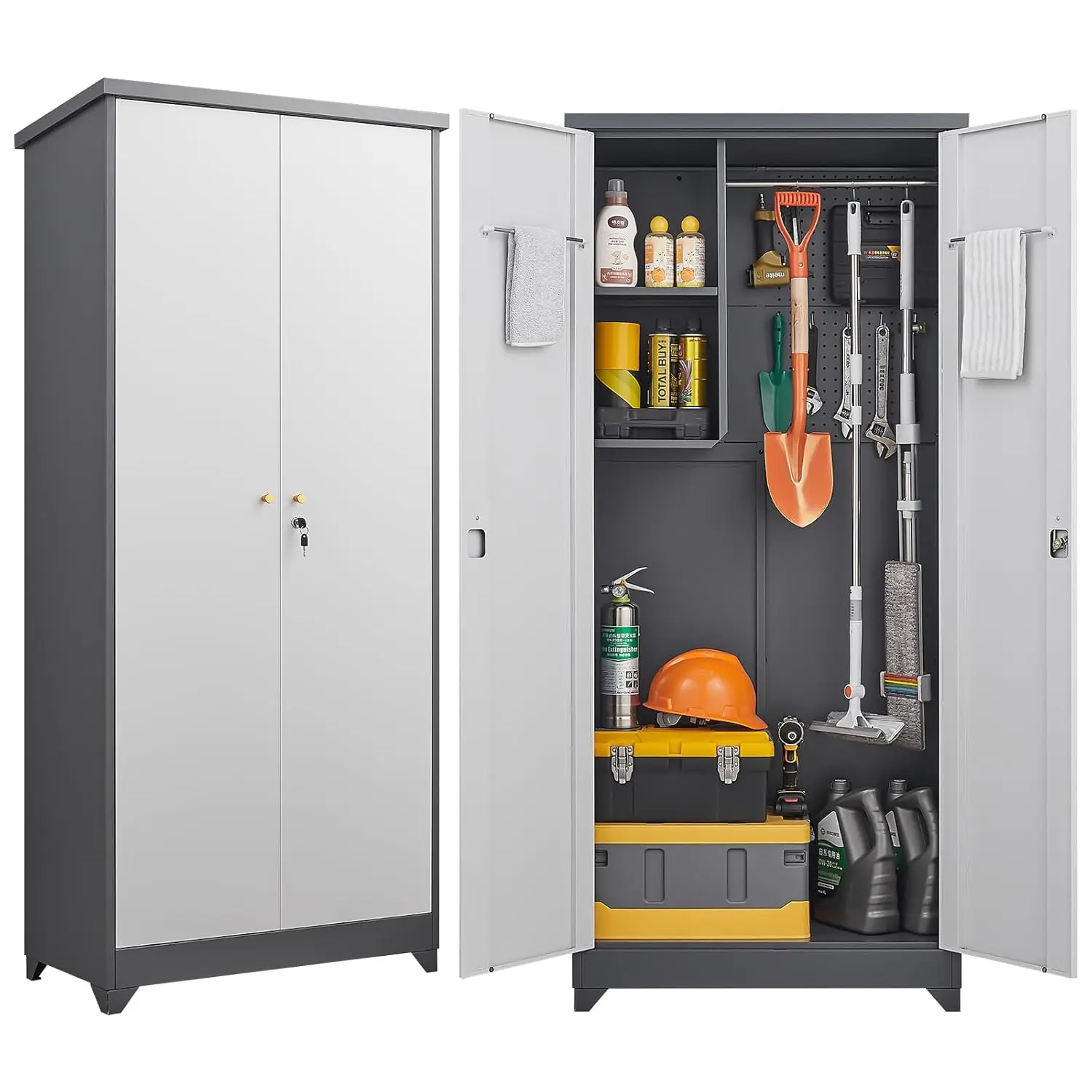 

Металлический уличный шкаф для хранения с замком, 72,9 дюйма, с перфорированной панелью, водонепроницаемый, для сада, двора, патио, на заказ