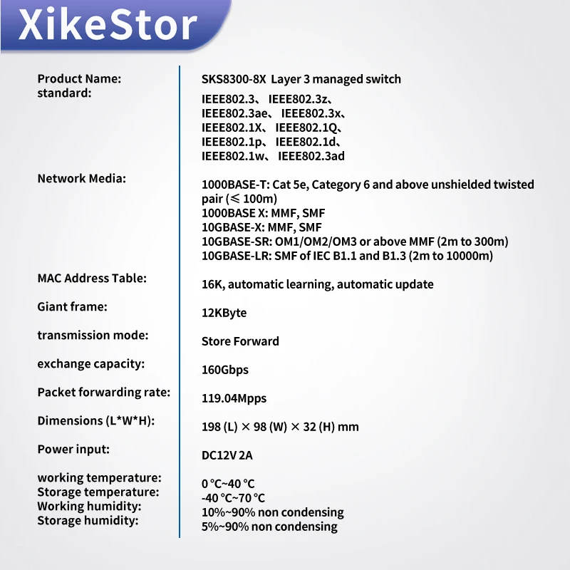 XikeStor 8 Ports 10G L3 Managed Switch 8*10G SFP+ Ethernet Switch Support VLAN Division/Port Aggregation/DHCP