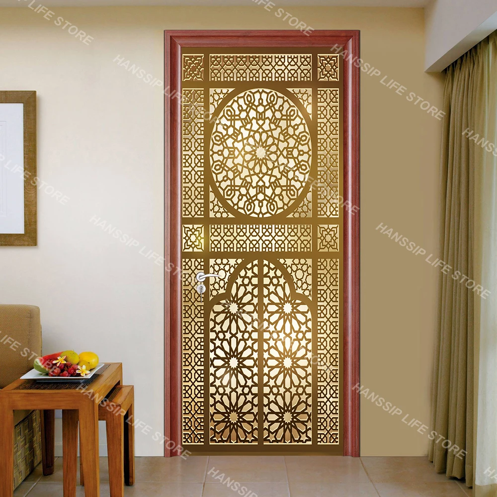 Traditional Moroccan Ceramic Mosaic Door Wrap Sticker Wallpaper Peel and Stick Retro Geometric Islamic Muslim Door Art Decals