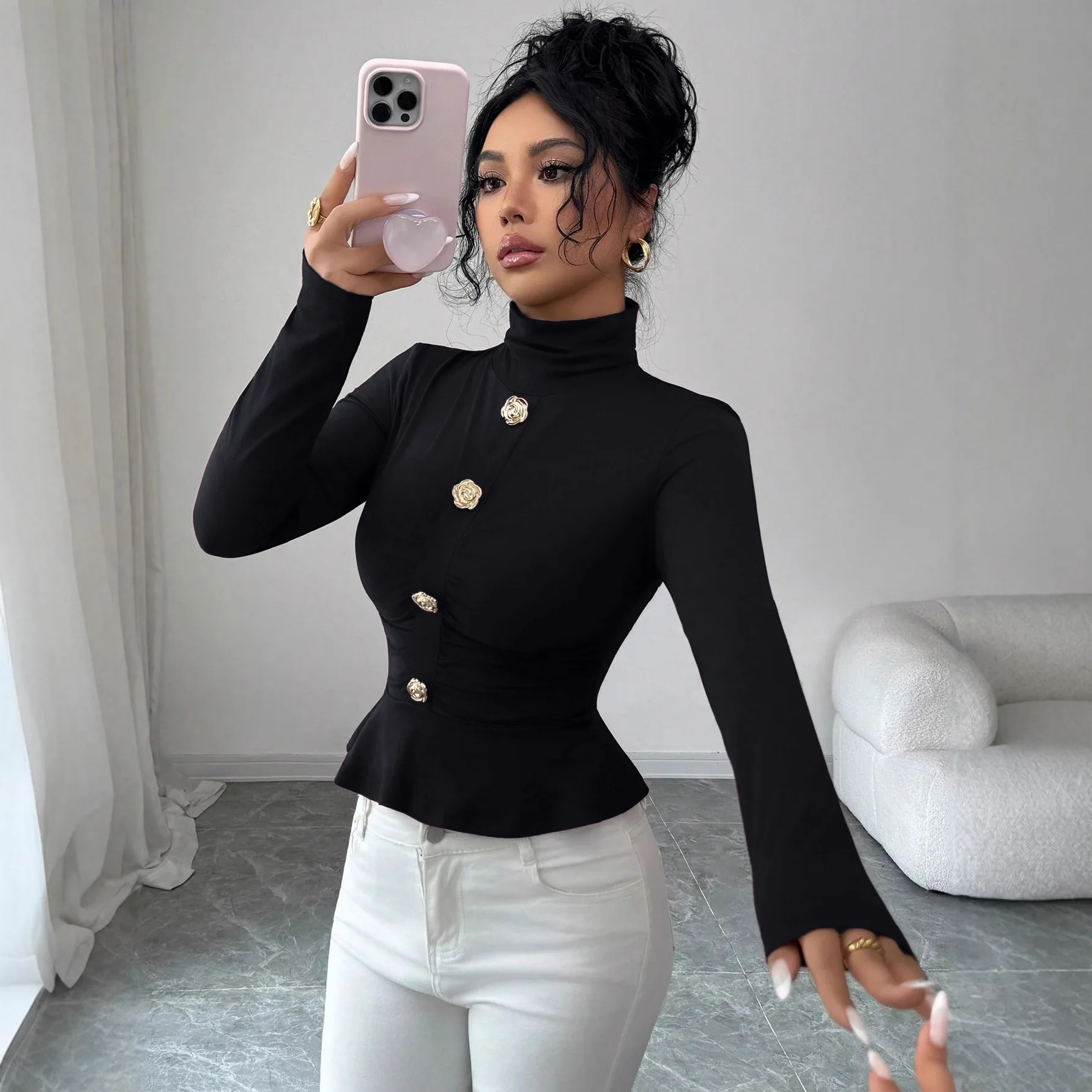Europe and America 2026 autumn and winter  new high-neck rose metal buckle decorated pleated slimming top women shirt