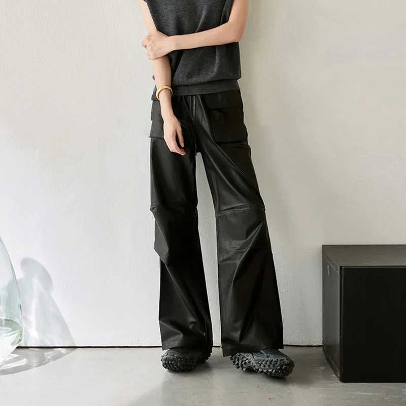 Women's Leather Pants, Sheepskin Wide Leg Pants, Spring And Autumn, Retro Sheepskin Paratrooper Pants, Cargo Style Pants