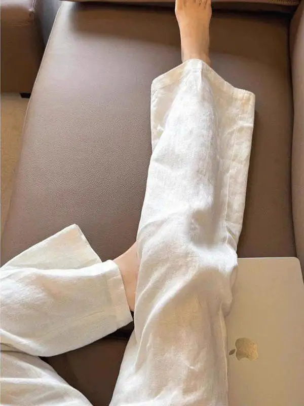 

Белые льняные брюки женские, весенние, тонкие, из хлопка и льна, прямые, повседневные, с защитой от солнца, широкие, маленький размер, длинные брюки