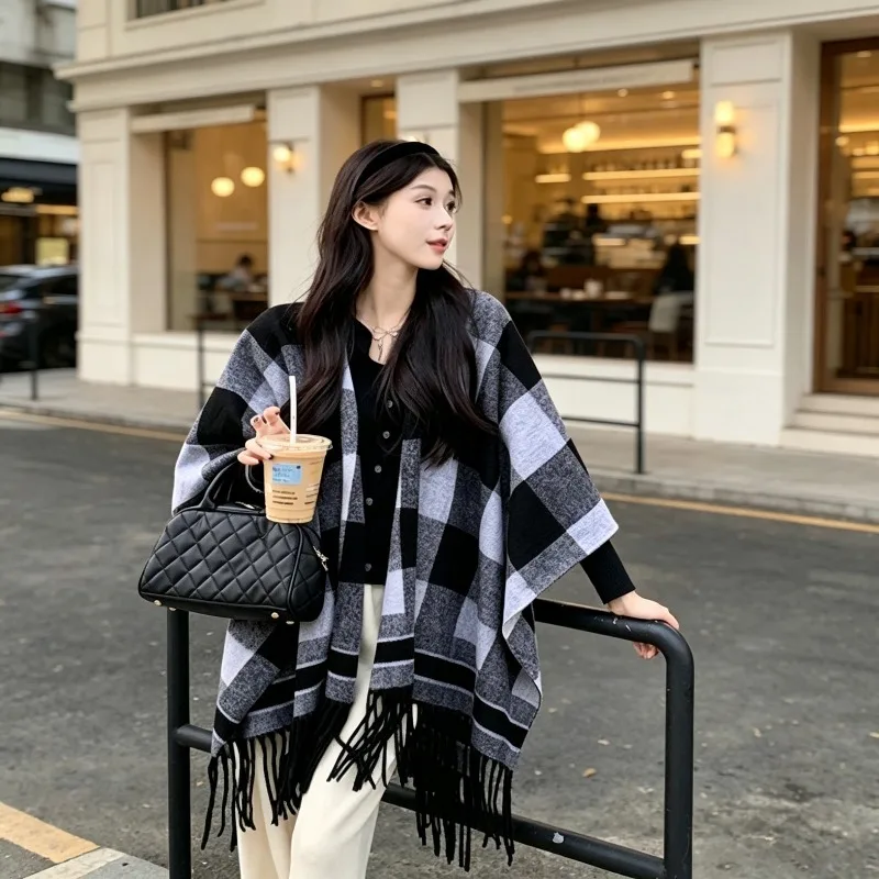 2026 New Arrival Preppy Style Plaid Poncho Shawl for Women Warm Travel Cape Cozy Outer
