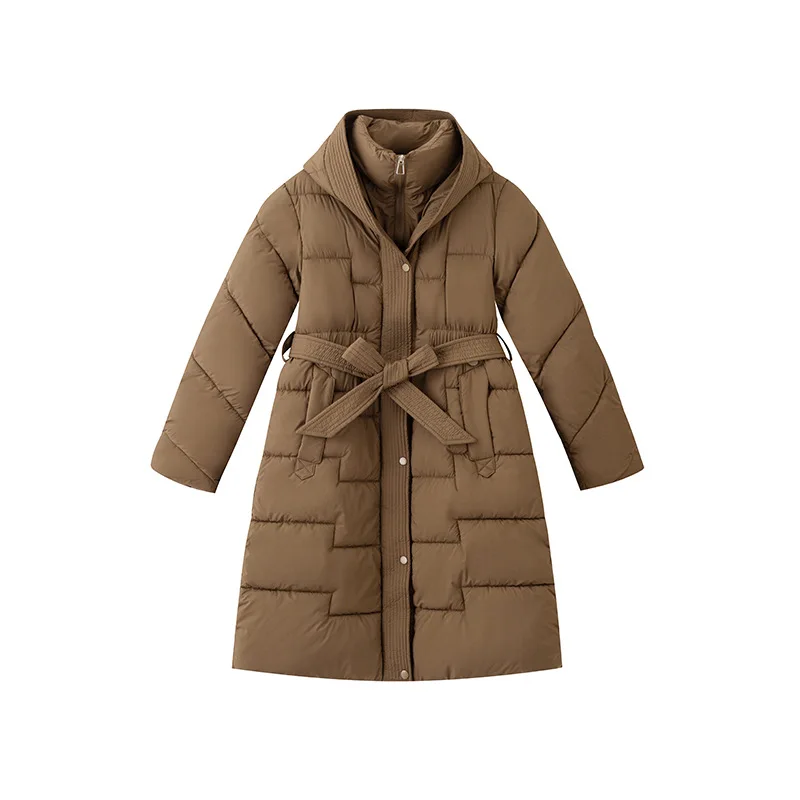 

Belted Lady's Winter Parka Jacket Pure Color Patchwork Stand Collar Cinched Waist Female's Coat Figure-flattering coat For Women