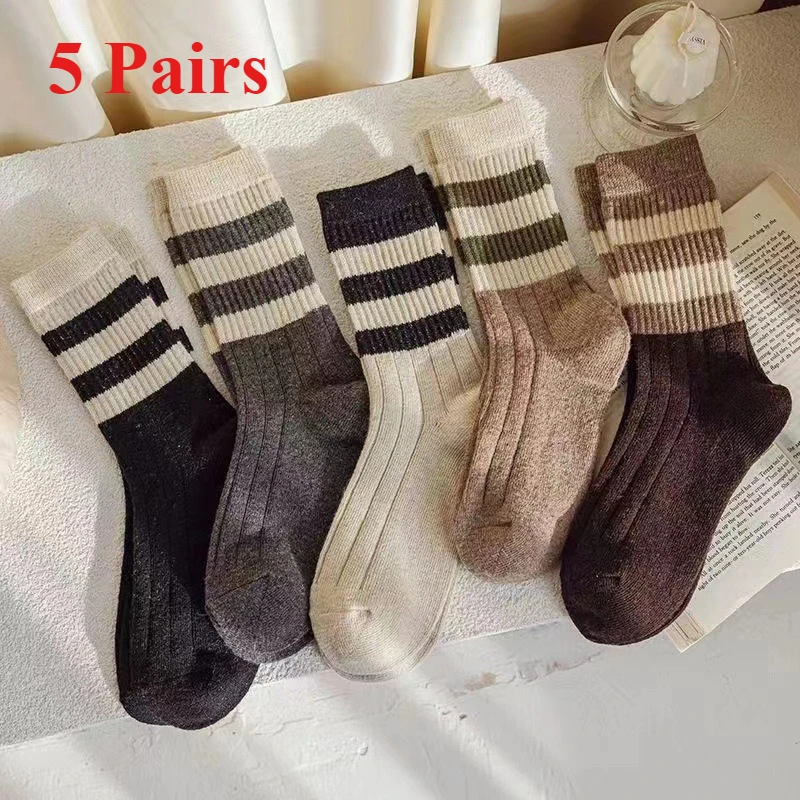

5 Pairs of Fashionable Neutral Striped Cotton Mid Tube Warm Socks Forest Style Socks Retro Japanese Long Socks for All Seasons