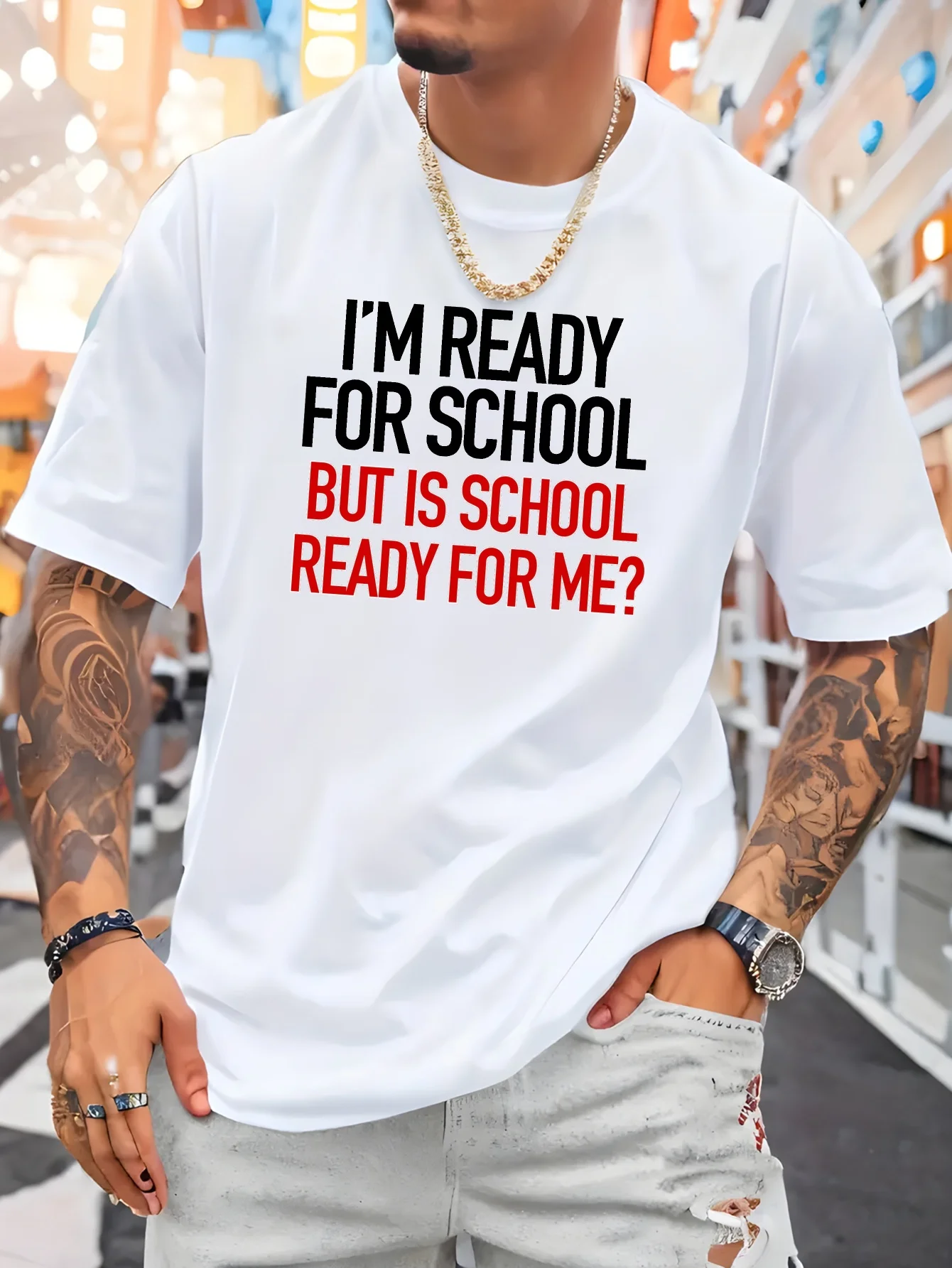 I M Ready For School Print Mens Crew Neck T Shirt Humorous Student Text Graphic Short Sleeve Casual Cotton Trendy Street Tees