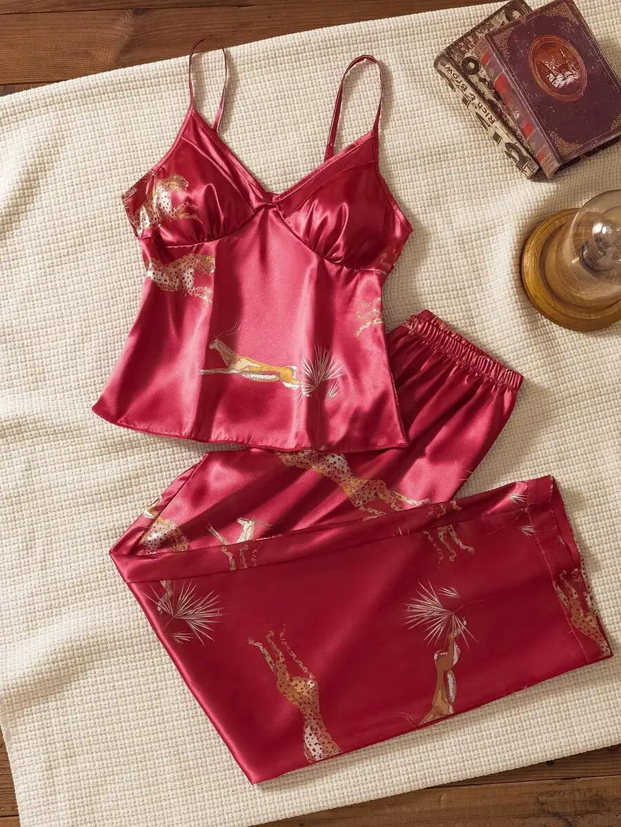 Womens Satin Camisole Pajama Set With Animal Print