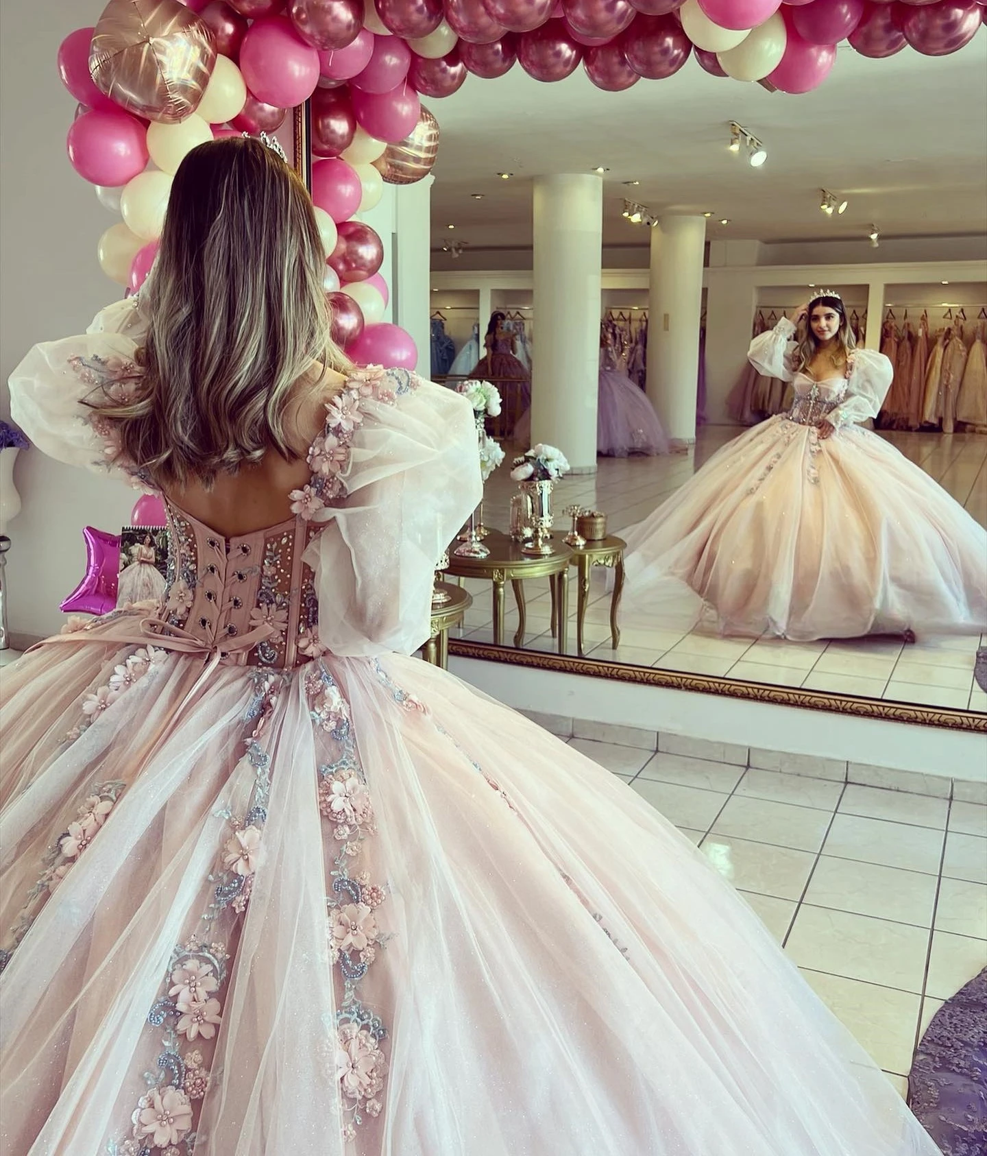 Vestidos Princesa Quinceanera, Apliques de tule, Mangas compridas, Sweet 16 Ball Gown, 15 Años Mexican Ball Gown