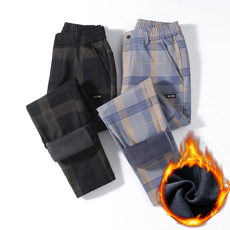 2024 New Winter Luxury Plaid Check Pattern Fleece Thick Warm Casual Pants Men Business Velvet Korean Pocket Long Trousers Male