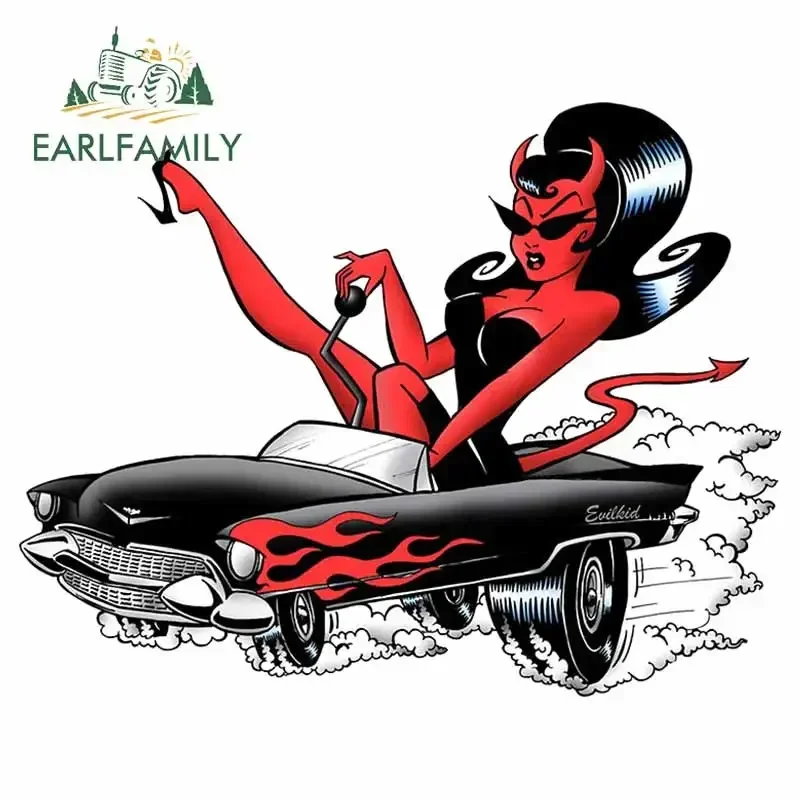 EARLFAMILY 13cm x 10.3cm for Red Skin Devil Girl Driving A Convertible Car Stickers Anime Decal for Air Conditioner Windshield