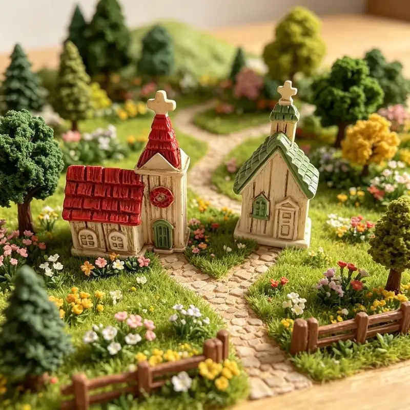 New！Green/Red Roof House Miniature Model Mini Resin Christmas Village Church Figurines Garden Scene Ornament Photography Prop