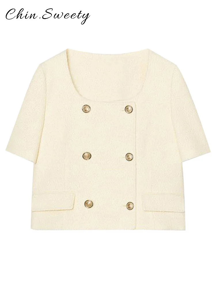 Chique duplo breasted camisa shorts conjunto feminino sólido o-pescoço manga curta mini calça curta 2025 verão senhora casual high street outfit