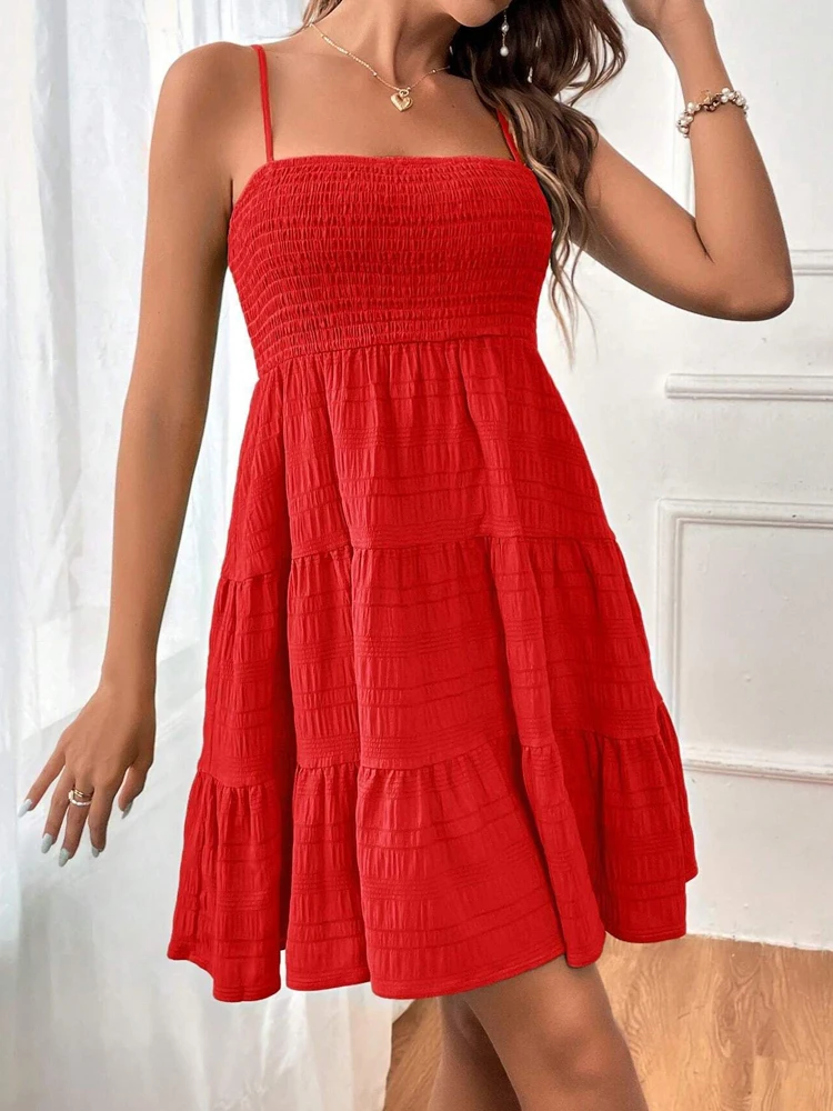 Mini abito casual senza maniche con volant da donna Boho Solid Beach Holiday Sundress Summer Fashion Chic Abito sexy con cinturino a fessura Donna