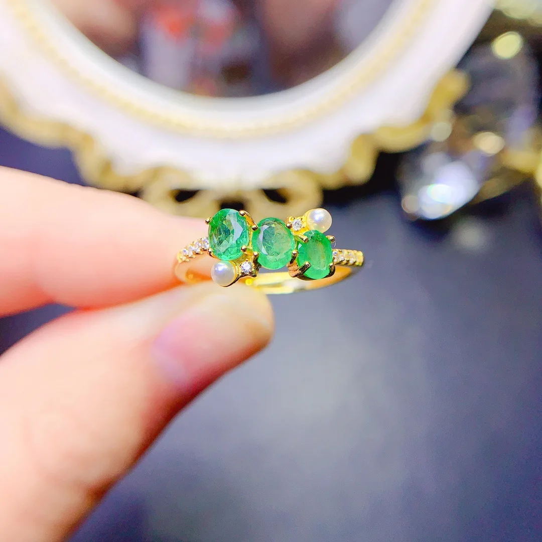 

Элегантное кольцо с натуральным изумрудом из серебра S925, нежный модный ювелирный подарок для женщин, разработанный дизайнер