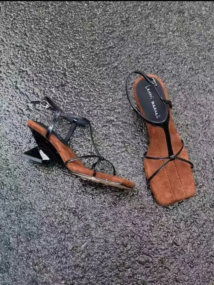 Beige Heeled Sandals Buckle Strap Retro Woman Shoes Black Sexy Open Pointed Original Comfort Low Rhinestone Stiletto Closed Cat