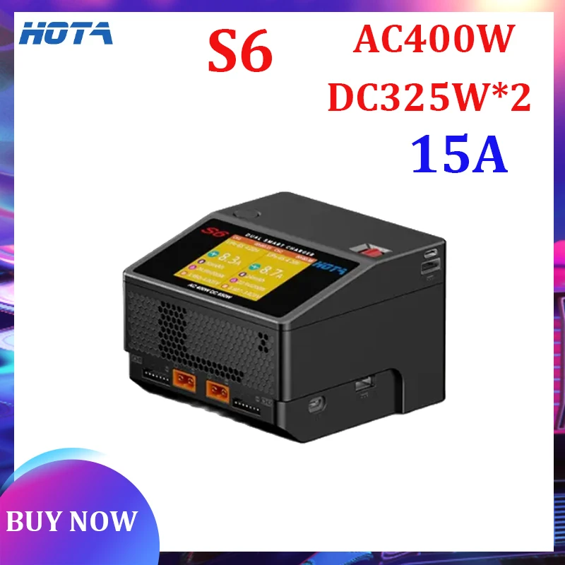 

Двухканальное умное ультрамаленькое зарядное устройство Hota S6 AC400w DC650w 15A для Lipo Lihv Life Liion Nizn Nicd Nimh аккумулятора