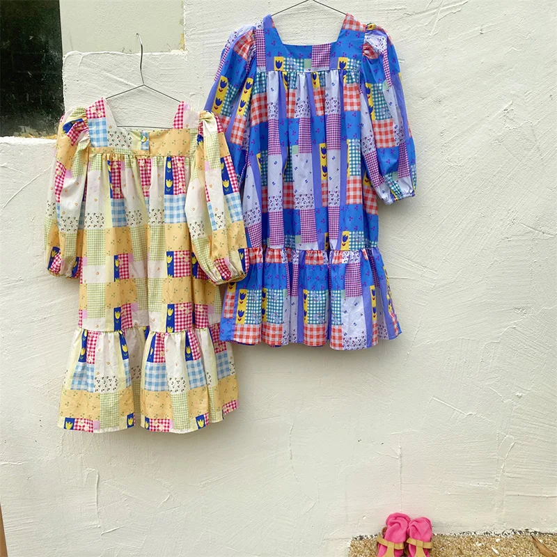 New Arrived Spring Children Clothes Cotton Print Square Collar Girls Dress Long Sleeve Korean Loose Straight Dresses image 3