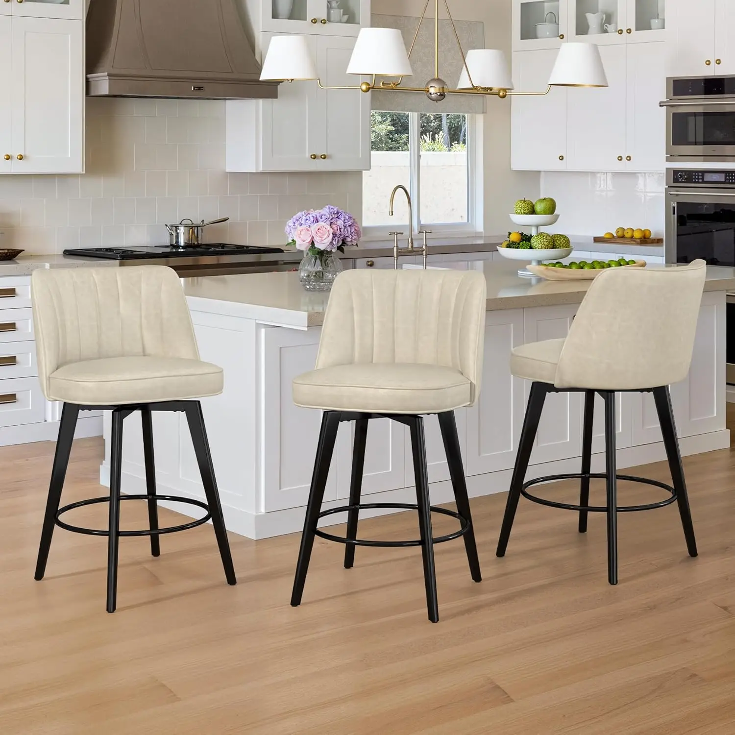 

360° Swivel Leather Bar Stools Set of 3, 26" Counter Height Barstools with Backs and Metal Legs, Modern Upholstered Bar Chai
