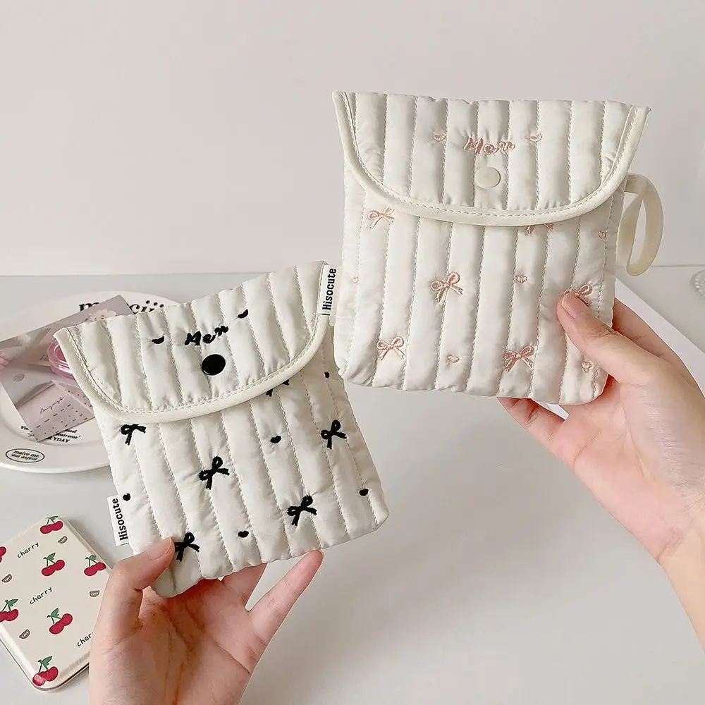 Large Capacity Embroidery Cherry Cosmetic Bag Bowknot Cotton Cloth Sanitary Napkin Storage Bag Purse Small Item Bag