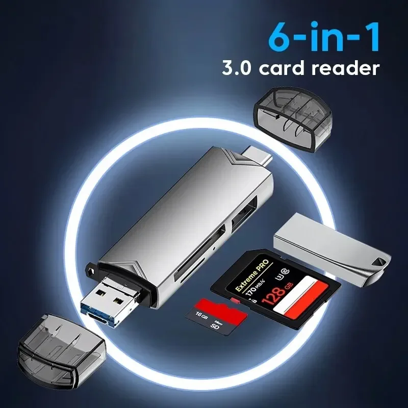 Lector de tarjetas multifunción 6 en 1 Usb 3,0, disco U tipo C/Micro Usb/Tf/unidad Flash Sd, adaptador de lectura de tarjetas de memoria, accesorios para teléfono