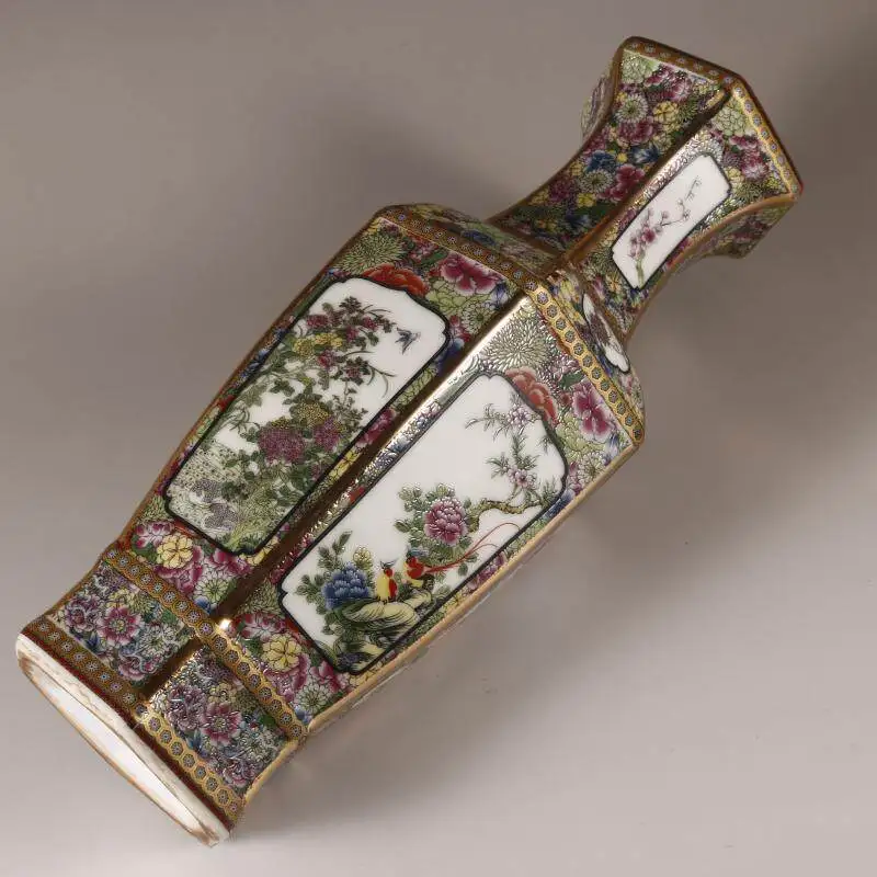 Retro Qing Qianlong enamel flower bird pattern hexagonal vase Chinese style classical home study desktop decoration handicraft