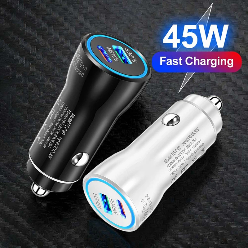 Dual Port 45W USB C Car Charger PD QC3.0 Fast Charging Auto Power Adapter With Blue LED Ring Universal Fits Mobile Phone Tablet view 2