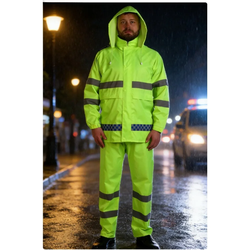 

Heavy Duty Reflective Rain Suit Waterproof Traffic Safety Jacket Pants Set for Cycling Patrol Green