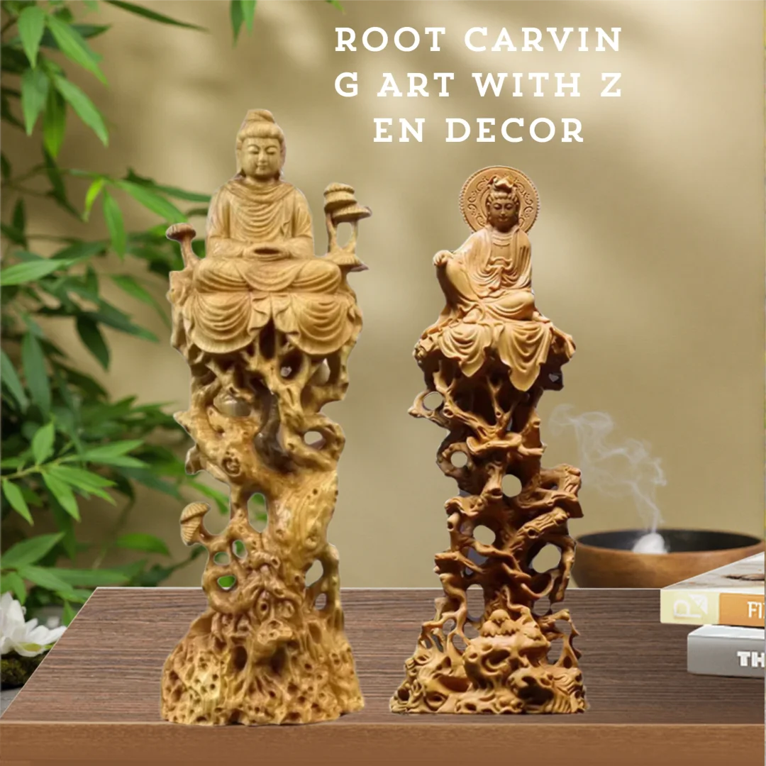 Wood Carving Guanyin- Sakyamuni Buddha Decorative Statue Wooden Tree Vine Art Carving Home Decorative Figures Feng Shui Statue