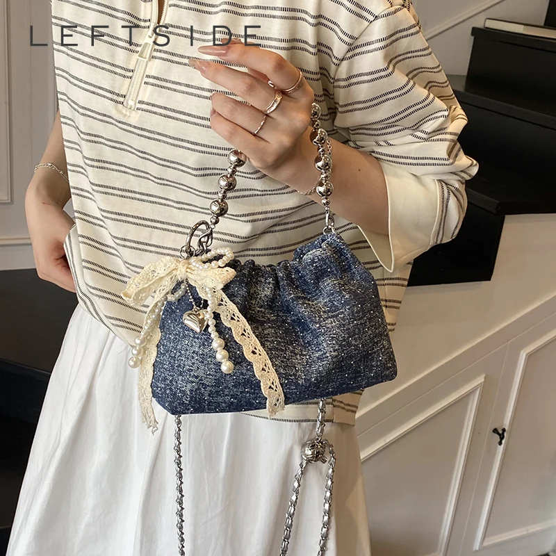 

LEFTSIDE Small Denim Solid Color Bucket Crossbody Bags for Women 2025 Y2K Ladies Shoulder Bag Females Chain Handbags and Purses