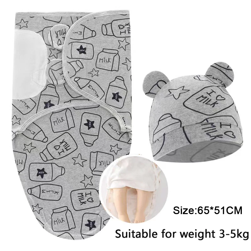 Zíper bebê cobertor chapéu conjunto dos desenhos animados impresso algodão recém-nascido swaddle ajustável infantil dormir swaddle envolve todas as estações
