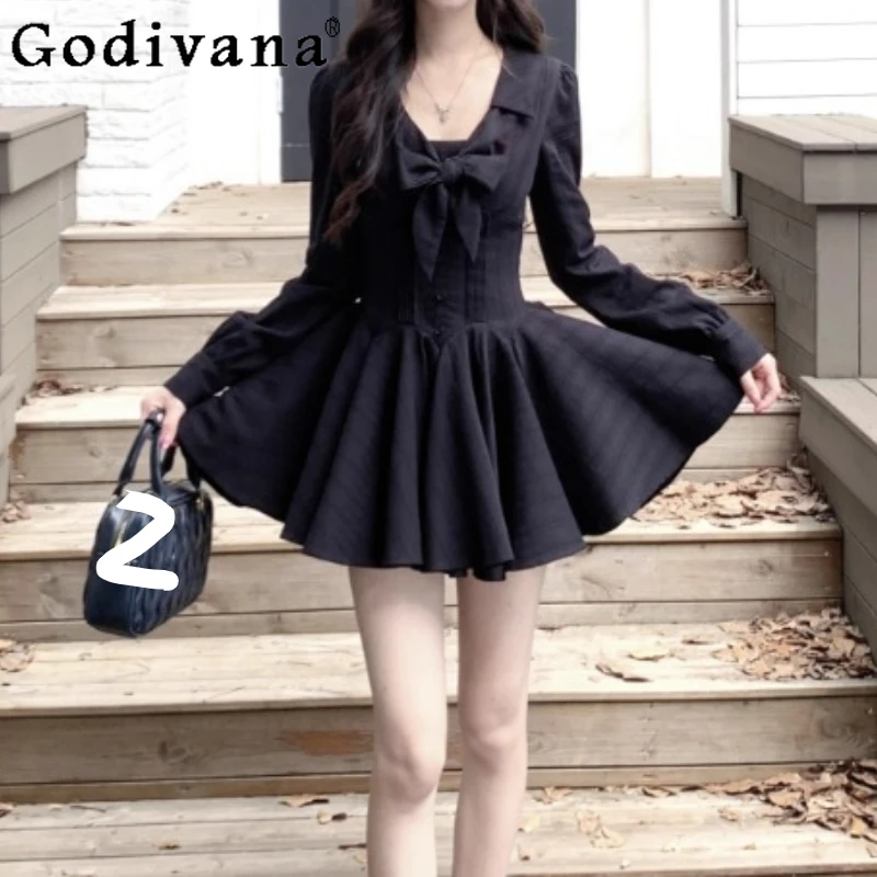 

Autumn Temperament French Black Long Sleeve Slim Sweet Bow V-neck Dress Girls High Waist A-line Age-reducing College Dresses