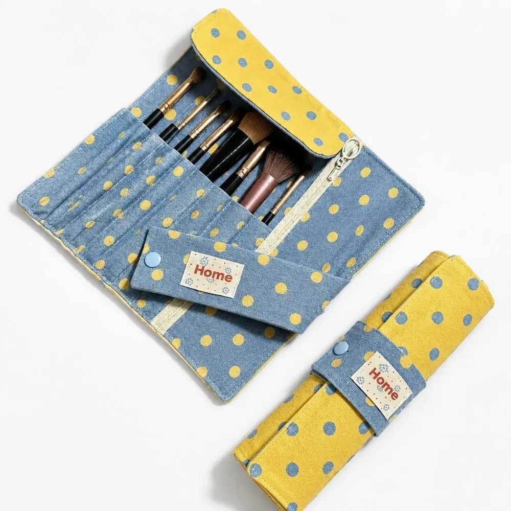 Stylish Polka Dot Makeup Storage Bag 10 Slots Canvas Makeup Brush Bag Portable Large Capacity Makeup Tool Bag Multipurpose