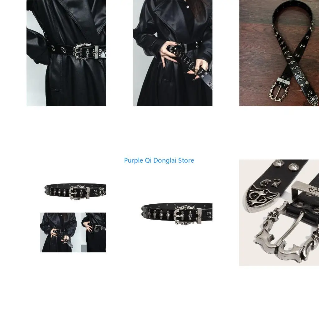 L21E Gothic Studded Belt for Women Slightly Adjustable Clasp Double Row Hole Nonslip Design PU Leather Waistband