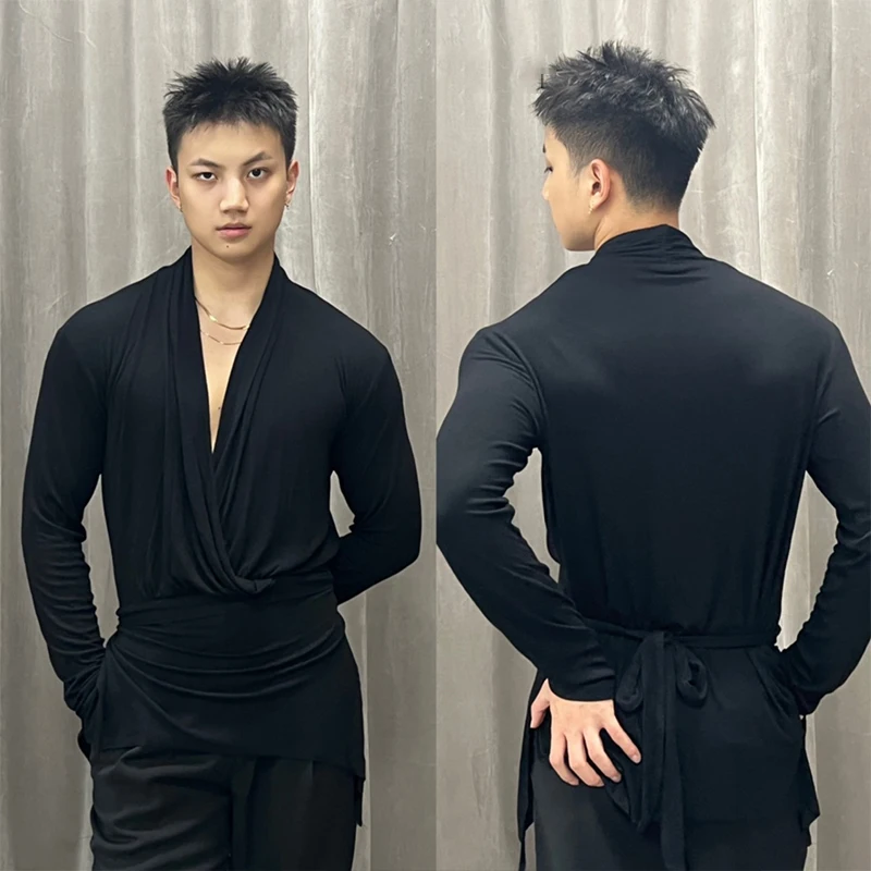 Men Latin Dance Tops Long Sleeves V Neck Black Practice Clothing Tango Cha Cha Ballroom Dance Competition Shirts Adult DNV18765