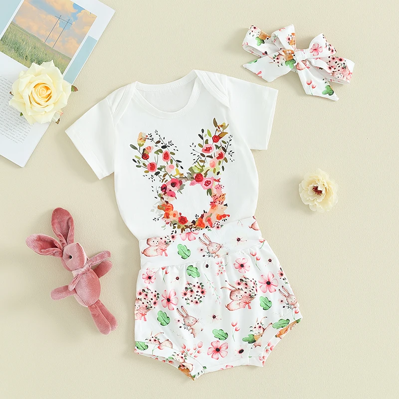 2023-11-04 Lioraitiin Baby Girls Easter Outfits Floral Bunny Print Short Sleeve Romper and Shorts Cute Headband Summer Clothes