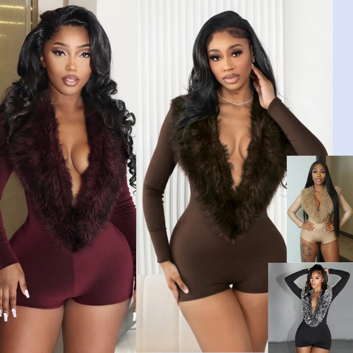 

Yomesugar Winter Women's Elegant Furry Collar Black Playsuits Sexy Deep V-Neck Long Sleeve Bodycon Rompers Party Clubwear
