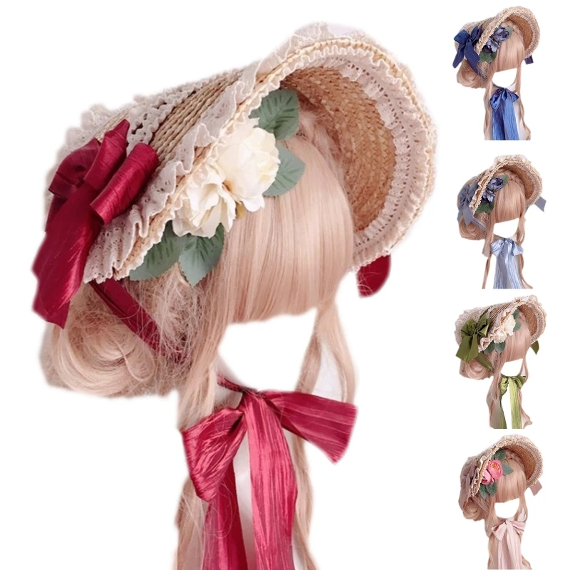 Multicolor Handmade Lolita Hat Lace Flower Ribbon French Hat Flat Top Hat Summer Sunscreen Straw Hat for Daily Wear