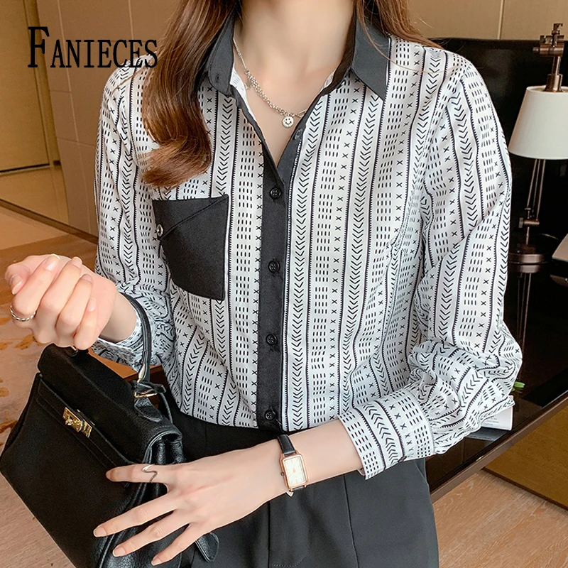 

FANIECES Luxury Vintage Silk Women Shirts Autumn Long Sleeve Chic Print Lapel Slim Button-up Blouse Elegant OL Workwear Tops