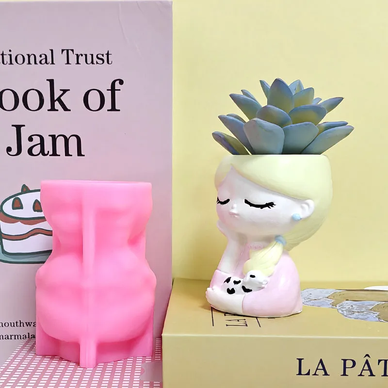 Girl Holding a Puppy with Her Cheeks Propped, Flower Pot Silicone Mold, DIY Cement Plaster Succulent Planter Mold, Girl with Closed Eyes and Double Ponytails, Vase Handmade Casting Mold