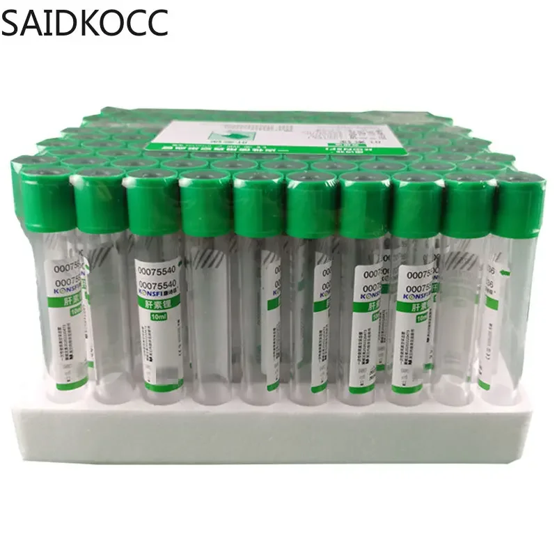 Disposable Sterile Vacuum Blood Collection Tube With Heparin Sodium Additives Green Lid 10 ml Vac Tube Vacutainer CE Mark 100/PK