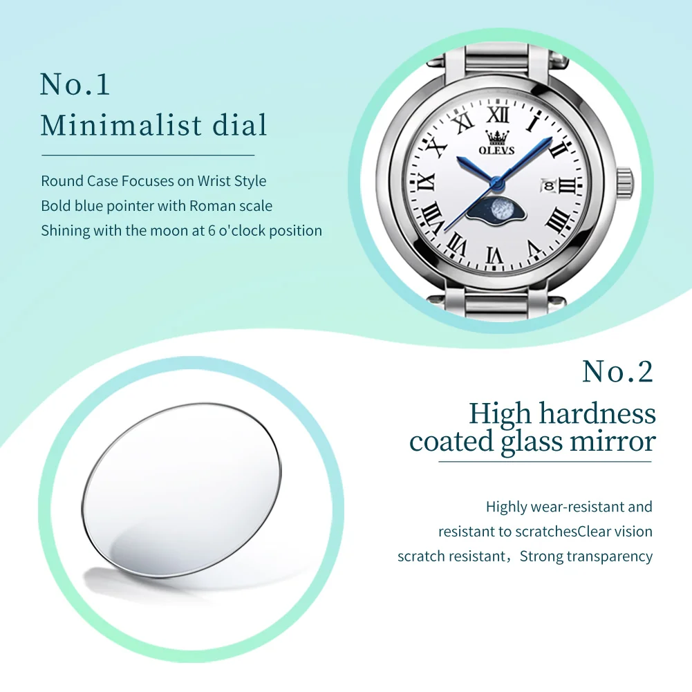 OLEVS 5573 Original Quartz Watches for Women Stainless Steel Waterproof Moon Phase Ladies Wrist Watch Fashion Simple Woman Watch