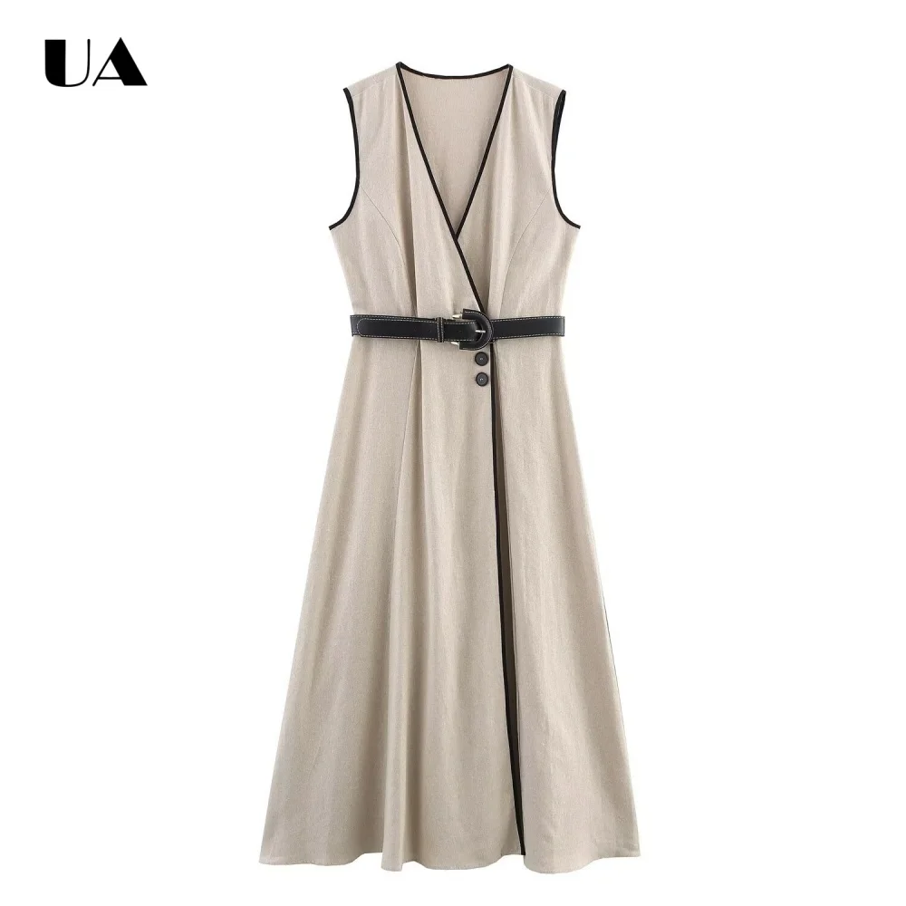 

Fashionable A-line Belted Sleeveless Midi Dress, Vintage Deep V-neck Draped Long Dress for Woman, Commuter Style Button Dress