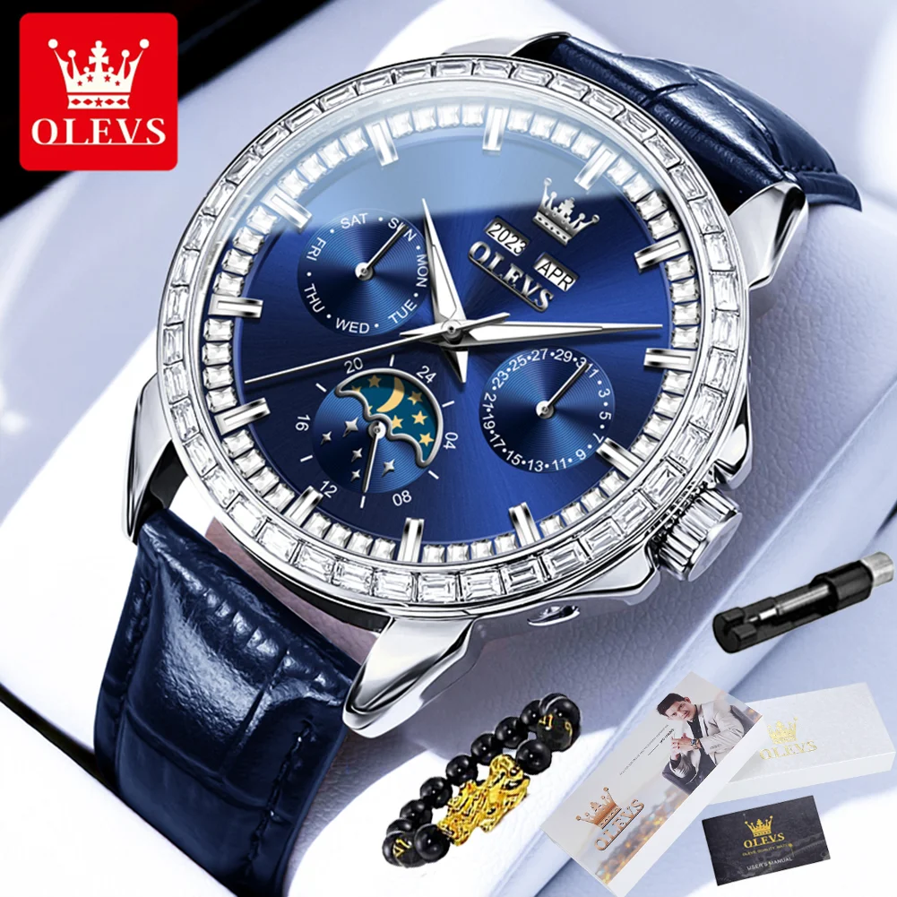 

OLEVS 6695 Luxury Brand Men's Watch Waterproof Calendar Moon Phase Leather Watch Multi functional Automatic Mechanical Men Watch